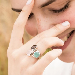 Bague "Cyclique" Quartz rose, Aqua Cal...