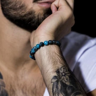 Bracelet Homme perles agate bleu"Halcy...