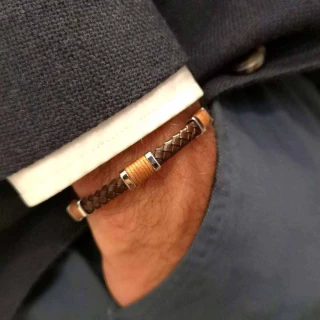 Bracelet Homme acier, cuir marron et c...