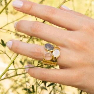Bague  Labradorite et Quartz rose Lait...