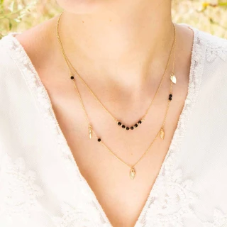Collier double rang Obsidian Laiton do...